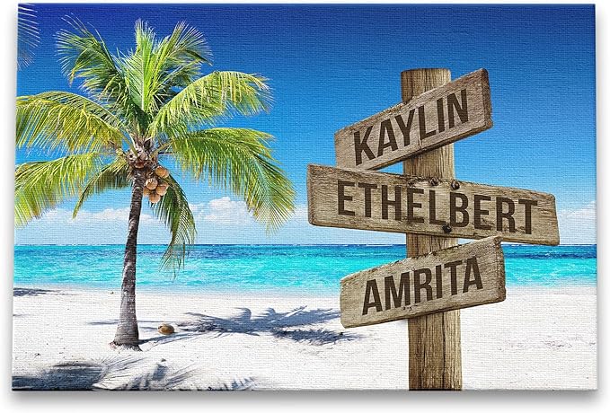 DemCanvas Custom Family Names on Rustic Directional Sign Housewarming & Customized Names Decor, Custom Wooden Signs Family Canvas, Ocean and Coconut Tree, Street Sign Canvas