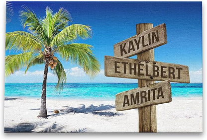DemCanvas Custom Family Names on Rustic Directional Sign Housewarming & Customized Names Decor, Custom Wooden Signs Family Canvas, Ocean and Coconut Tree, Street Sign Canvas