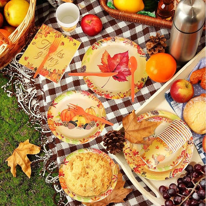 350 Pcs Fall Dinnerware - Thanksgiving Party Decoration Supplies with Autumn Pumpkins, Maple Leaf Paper Plates, Napkins & Cups for 50 Guests