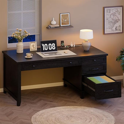 GarveeHome Farmhouse Executive Desk with Drawers, 53.54 in Home Office Desk with Charging Station, Wooden Computer Desk with File Cabinet Storage for Work Study Writing, Rustic Black