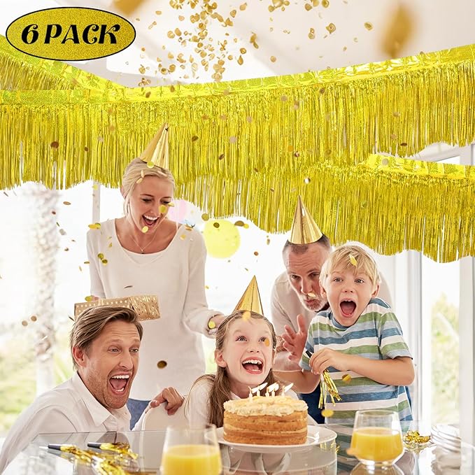 LOLStar 6 Pack Gold Foil Fringe Garland Christmas Party Decorations, 59Ft Tinsel Streamers Shiny Gold Wall Hanging Tinsel Fringe Banners for Wedding Birthday Anniversary New Year Party Decor
