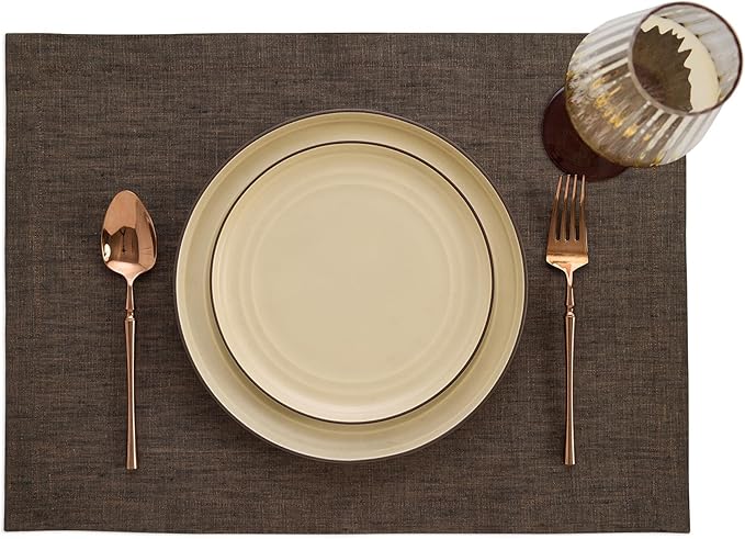Solino Home Linen Placemats Set of 4-100% Pure Linen Chambray Brown Cloth Placemats 14 x 19 Inch for Fall, Autumn, Thanksgiving - Athena