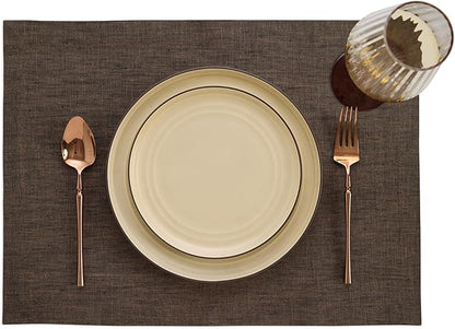 Solino Home Linen Placemats Set of 4-100% Pure Linen Chambray Brown Cloth Placemats 14 x 19 Inch for Fall, Autumn, Thanksgiving - Athena