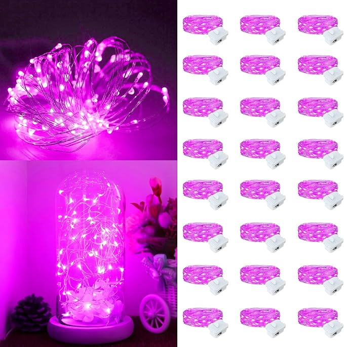 Fairy Lights,Silver Wire String Lights Waterproof,Battery Operated 7FT 20LED Firefly Starry Moon Lights for DIY Christmas Wedding Party Bedroom Decor (Pink, 24 Pack)