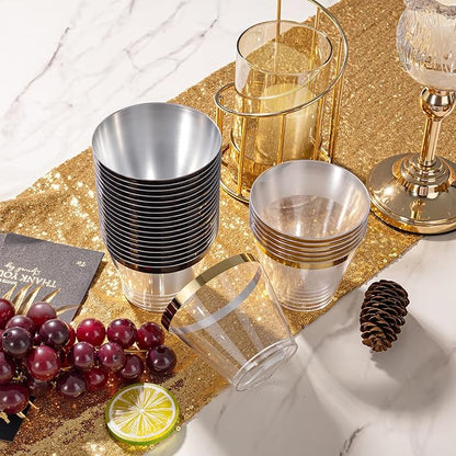 WELLIFE 120PCS Black and Gold Cups,9 OZ Clear Plastic Cups,Disposable Wine Glasses for Parties,Plastic Cocktail Glasses(60 Gold, 60 Black)
