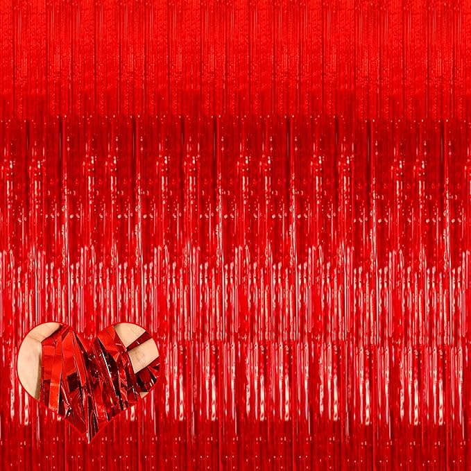 4 Pack Red Fringe Curtain Backdrop, 3.2Ft x 8.2Ft Metallic Tinsel Foil Fringe Streamers Background for Photo Booth Birthday Wedding Baby Shower Carnival Easter Mother’s Day Party Decorations