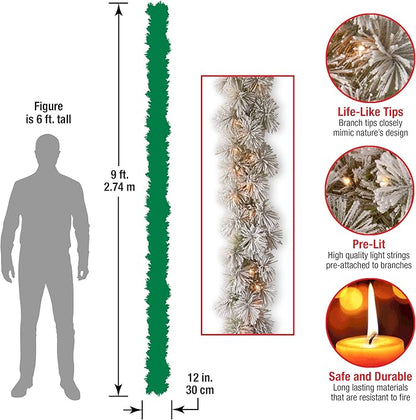 National Tree Company 9 ft Pre-Lit Snowy Bristle Pine Artificial Christmas Garland, Christmas Decoration with 70 Clear Lights, 75 Tips, Green