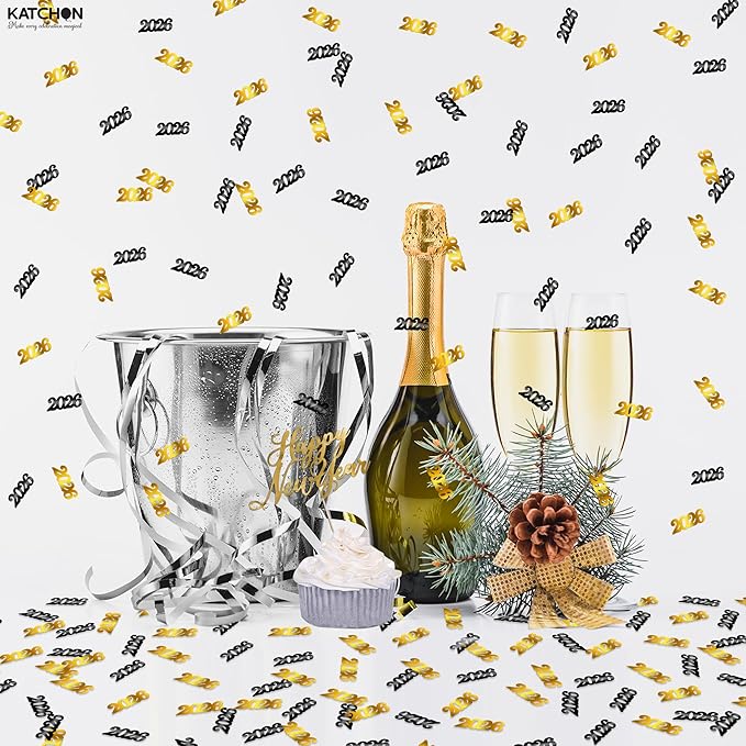 Katchon, Shiny Black and Gold 2026 New Year Confetti - Pack of 500 | Happy New Year Confetti Class of 2026 | New Year Table Decorations 2026 | Happy New Year Decorations 2026