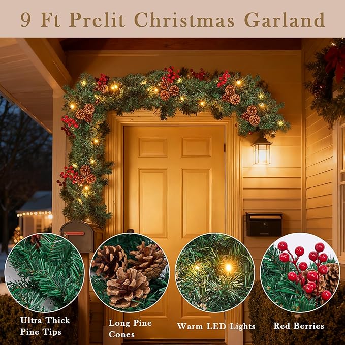 Christmas Garland with Lights, 9FT Christmas Garland for Mantle, Prelit Outdoor Garlands with Red Berries and Pine Cores for Ourdoor Indoor Mantle Table Stairs Fireplace Home Christmas Decor