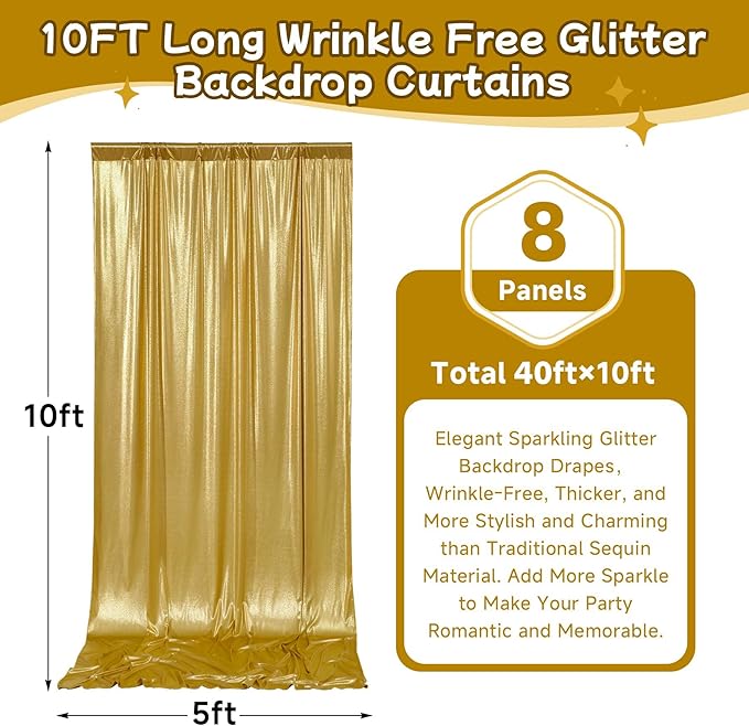 40ftx10ft Thick Gold Glitter Backdrop Curtain for Parties, Wrinkle Free Sparkling Sequin Backdrop Drapes, 8 Panels 5x10ft Shimmer Photo Back Drop Cloth for Wedding Birthday Photography Background