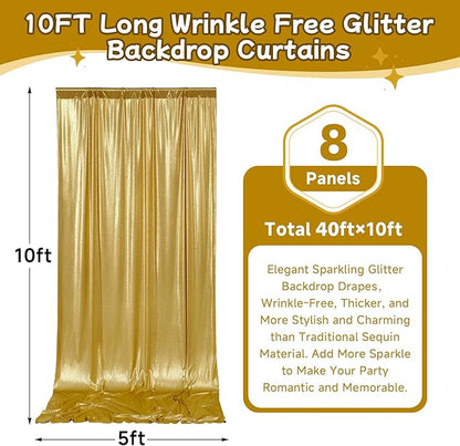 40ftx10ft Thick Gold Glitter Backdrop Curtain for Parties, Wrinkle Free Sparkling Sequin Backdrop Drapes, 8 Panels 5x10ft Shimmer Photo Back Drop Cloth for Wedding Birthday Photography Background