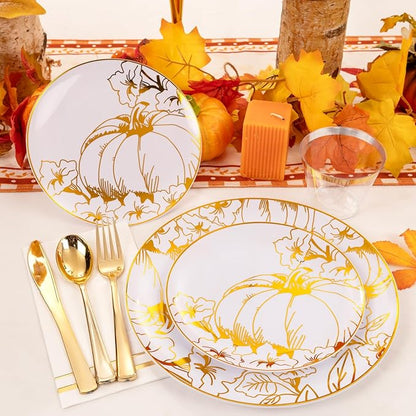 Liacere 175PCS Thanksgiving Plates- Gold Pumpkin Plastic Plates-Thanksgiving Plastic Plates and Napkins Sets Include 50 Plastic Plates,75 Thanksgiving Dinnerware，25 Gold Cups 25 Napkin