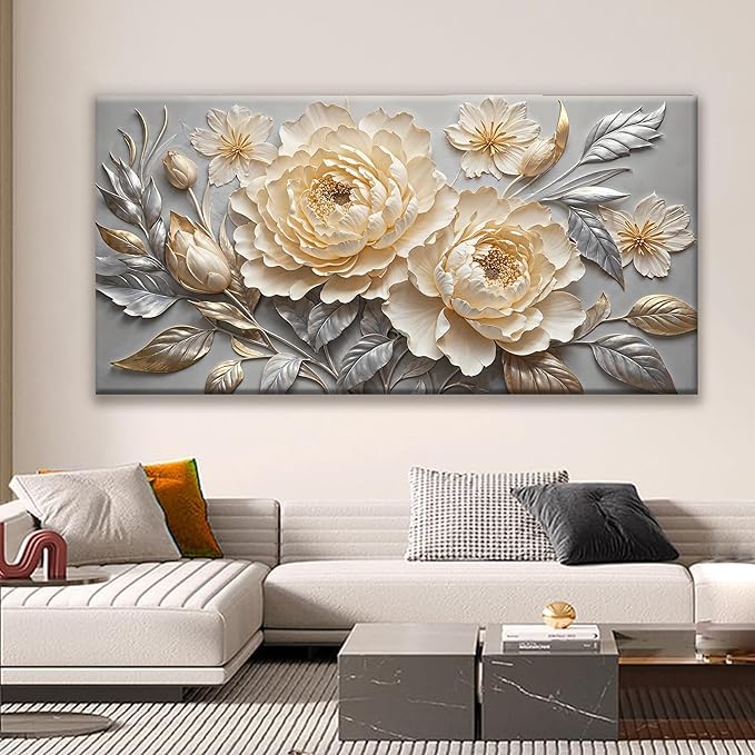 Large Canvas Art Wall Decor Print Silver White Flowers Wall Art Picture Modern Landscape Artwork Painting Home Wall Decor Picture For Bedroom Living Room Home Office Prints Artwork 29" X 58"
