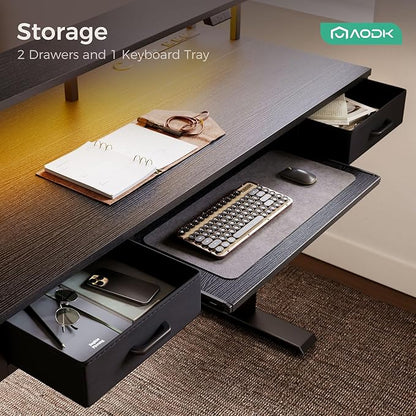 AODK Electric Standing Desk with Drawers & Keyboard Tray, 63 Inch Height Adjustable Gaming Desk with Power Outlets & LED Lights, Sit Stand Table with Monitor Stand for Home, Office, Black