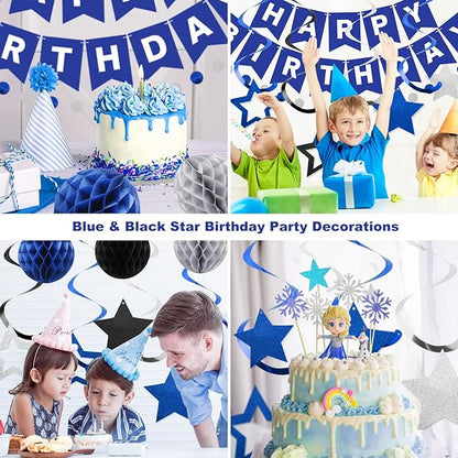 meowtastic Birthday Decorations, Happy Birthday Banner with Honeycomb Balls, Star Hanging Swirl Streamer, Circle Dot Garland, Happy Birthday Party Decorations for Women Men Boys Girls (Blue & Silver)