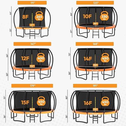 JUMPZYLLA Trampoline Outdoor 8FT 10FT 12FT 14FT 15FT 16FT with Enclosure and Ladder, ASTM Approved Recreational Trampoline for Kids and Adults, Anti-Rust Coated Frame