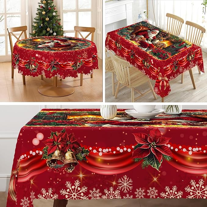 Eikione Retangular Tablecloth 152x220inch, Christmas Tablecloth Waterproof and Wrinkle-Free, Table Covers, Winter Decorations for Home Dining Red Floral