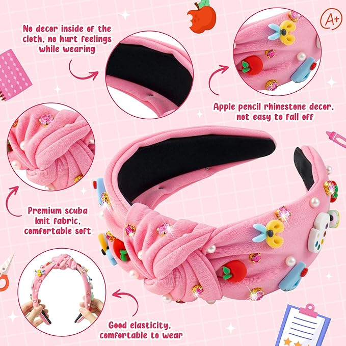 PANTIDE Teacher Jeweled Knotted Headband - Christmas Gift Apple Pencil Rhinestone Pearl Embellished Headband Wide Top Knot Hair Accessories Teacher Appreciation Birthday for Women Girls (Pink)