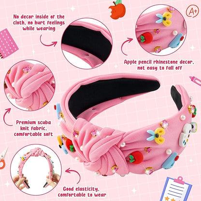 PANTIDE Teacher Jeweled Knotted Headband - Christmas Gift Apple Pencil Rhinestone Pearl Embellished Headband Wide Top Knot Hair Accessories Teacher Appreciation Birthday for Women Girls (Pink)