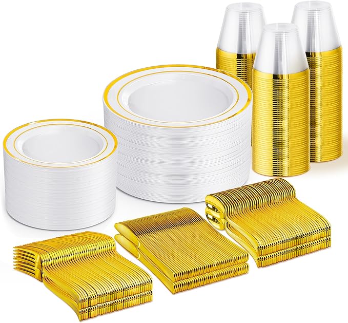 WELLIFE 300 PCS Gold Dinnerware Set for 50 Guests, Gold and White Disposable Plastic Plates for Party, 50 Dinner & Salad Plates, 50 Cups Forks Knives Spoons for Wedding and Party Supplies