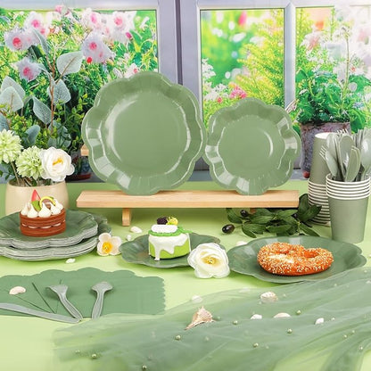 192 Pcs Sage Green Paper Plates And Napkins Set Party Supplies - For 24 Guests Paper Plates And Napkins Knives Spoons Forks Cups - For Baby Shower Bridal Shower Wedding