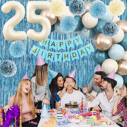 Dusty Blue 25th Birthday Party Decorations for Her Him Beige Cream Number 25 Balloon with Blue Gold Happy Birthday Banner Fringe Curtain Paper Pom Poms Nude White Sand Champagne Star Foil Balloons