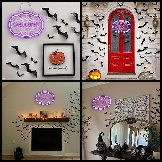 Horseneon Welcome Foolish Mortals Christmas Neon Sign Haunted Mansion LED Wall Decor for Door Mab Cave Light Horror Movie Parties & Themed Bars Spooky Flicker Effect Christmas Gifts