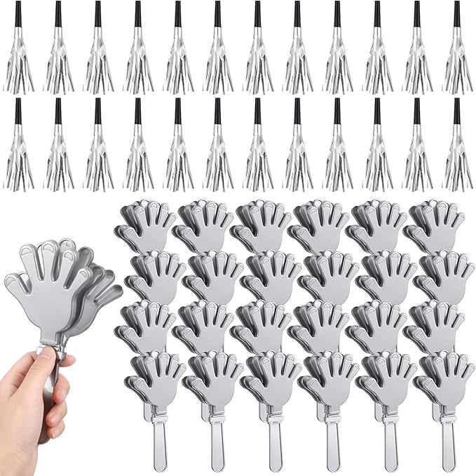 48 Pack Party Noisemakers New Years Eve Party Supplies Include 24 7.5 Inch Large Hand Clappers 24 Blowers Whistle for Aldult Birthday 2025 New Years Eve Favor(Silver)