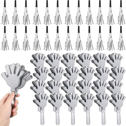 48 Pack Party Noisemakers New Years Eve Party Supplies Include 24 7.5 Inch Large Hand Clappers 24 Blowers Whistle for Aldult Birthday 2025 New Years Eve Favor(Silver)
