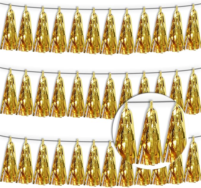 3P Gold Tassel Banner Garland Metallic Foil Fringe Banner Tinsel Tassels Streamer Banner Backdrop for Parade Floats, 2025 Graduation Decorations, Wedding Party Decoration