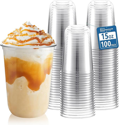 Homestockplus 15 oz Clear PET Plastic Cups 100 Pack - U-Shaped Disposable Open-Top Plastic Cups, Crystal Clear Ice Coffee Cups To Go for Iced Coffee, Smoothies, Bubble Tea & Outdoor Gatherings