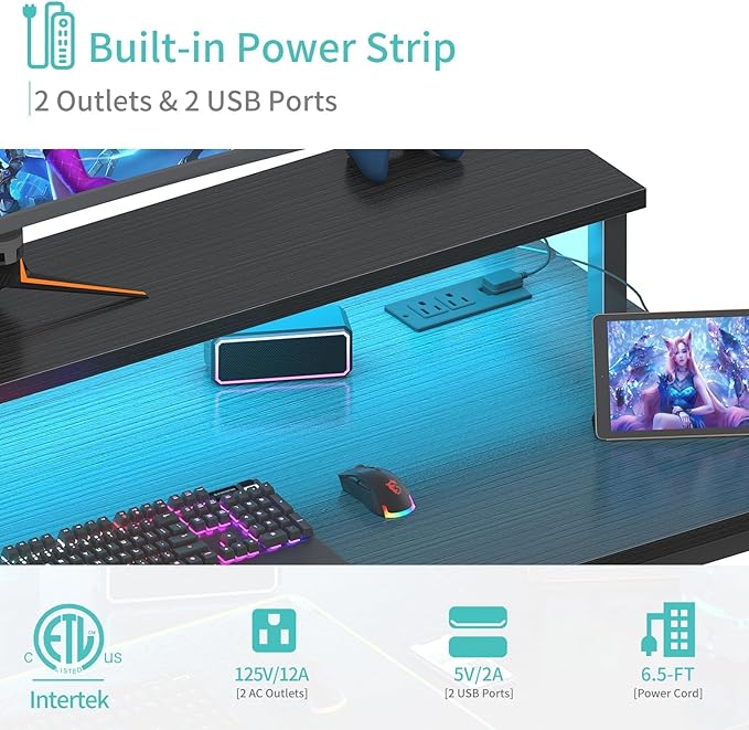 Lufeiya Black Gaming Desk with LED Lights and Power Outlets, 40 Inch Teen Writing Study Table Home Office Desks with Monitor Stand, Computer Desk with Charging Station USB Port, Black