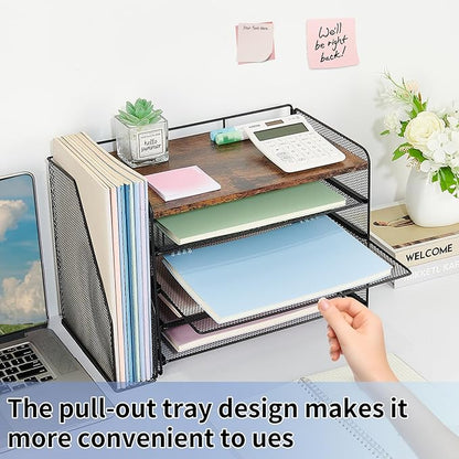 OPNICE 5-Tier Paper Organizer with Magazine Holder, Desk Organizers and Accessories, Office Desk Accessories & Workspace Organizers, Desktop File Organizer for Office Supplies Storage, Brown