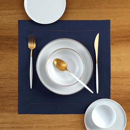 Solino Home Square Placemats Set of 4-100% Pure Linen Navy Blue Cloth Placemats 14 x 14 Inch - Classic Hemstitch, Machine Washable Place Mats for Fall, Autumn, Winter