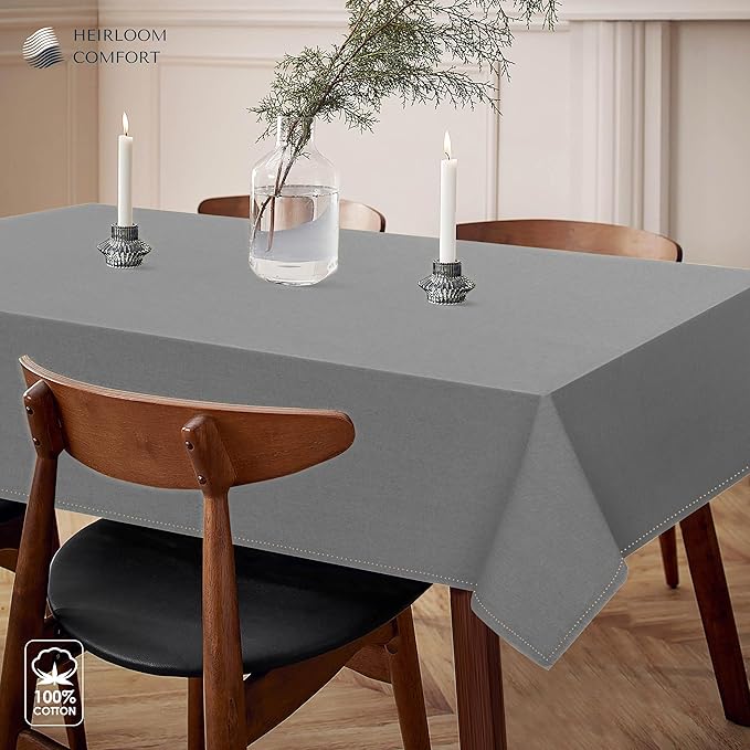 Ash Grey Cotton Tablecloth, Tabletop 52x70 Inch, Fits 4-6 Seats, Soft, Durable, Washable, Wrinkle Resistant, Rectangle Table Cloth for Dining, Events, Modern Decor, Home Dining