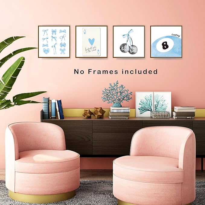 okaxscm Blue Coquette Trendy Preppy Wall Art Prints Set of 4, Coquette Room Decor, Preppy Room Decor Aesthetic, Blue Bow Disco 8 Ball Cherry Wall Decor Posters for Girls Bedroom Dorm, 10x10 Unframed