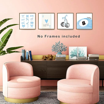 okaxscm Blue Coquette Trendy Preppy Wall Art Prints Set of 4, Coquette Room Decor, Preppy Room Decor Aesthetic, Blue Bow Disco 8 Ball Cherry Wall Decor Posters for Girls Bedroom Dorm, 10x10 Unframed