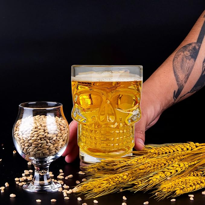 Beer Mugs Set of 4 - Skull Glasses with Handle - 17 OZ Heavy Base Drinking Tiki Glasses - Clear Beer Stein Cup for Whiskey, Wine, Juice, Home Bar, Halloween Decorations Gifts
