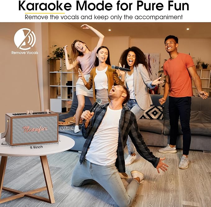 Karaoke Machine, Retro-Design Speaker with 2 Wireless Microphones for Adults & Kids, Portable Karaoke System for Home Party, Bluetooth/AUX/USB/TF/TWS Support, Gifts for Women & Girls - Brown