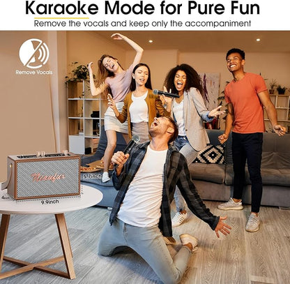 Karaoke Machine, Retro-Design Speaker with 2 Wireless Microphones for Adults & Kids, Portable Karaoke System for Home Party, Bluetooth/AUX/USB/TF/TWS Support, Gifts for Women & Girls - Brown