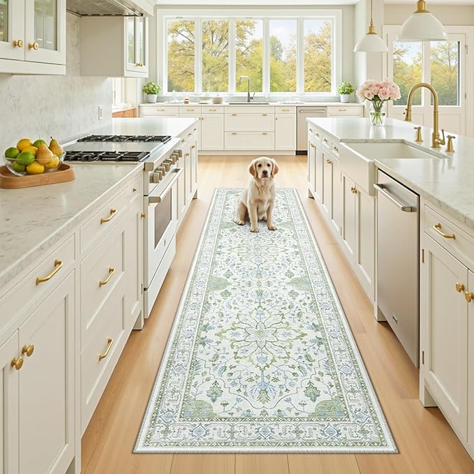 Area Rugs 2'x8' Runner Rug Non Slip Washable for Kitchen Hallway Bedroom Beside Laundry Room Bathroom Rug, Floor Carpet, Green White Blue