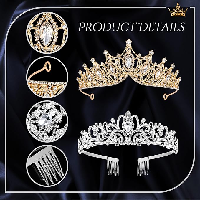 Kigeli 4 Pack Queen Crowns for Women Pageant Crown with Combs Princess Rhinestones Tiara Headband Prom Tiara for Quinceanera Birthday Cosplay Wedding(Gold and Silver)