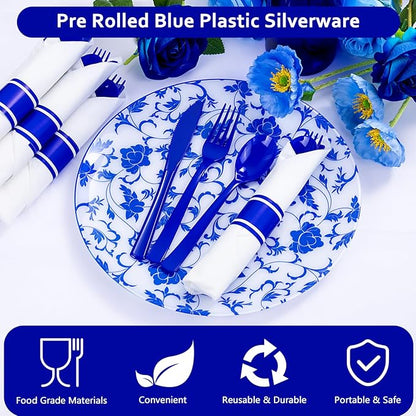 400PCS Pre Rolled Blue Plastic Silverware Sets - Heavy Duty Blue Cutlery - Include 100 Pack Wrapped Disposable Utensils with Napkins for Parties & Dinners & Weddings