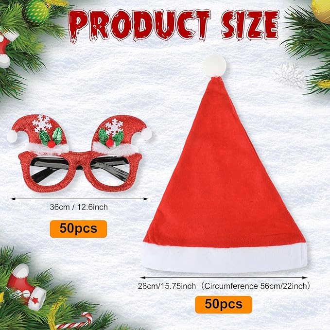 Hiboom 100 Piece Bulk Santa Hat Glasses Costume Set Christmas Santa Hats Xmas Tree Elk Glasses Funny Glitter Frames Eyewear for Christmas Holiday Party Gift Photo Booth Props Decorations