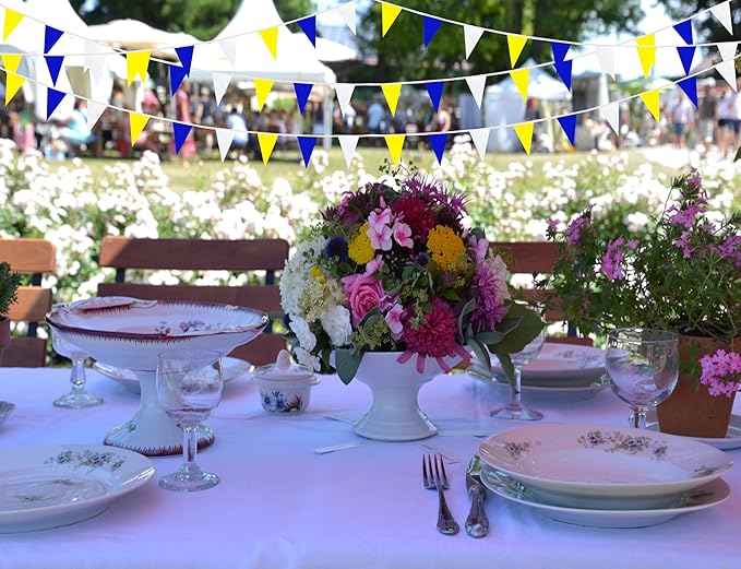 100 Feet 60 Pcs Yellow White and Blue Pennant Banner Flag String Hanging Triangle DIY Flag, Bunting Streamers Decoration for Grand Opening, Birthday, Wedding Celebration (Yellow White & Blue)