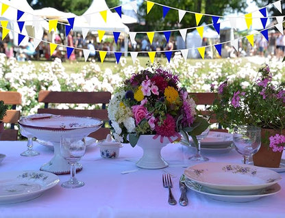 100 Feet 60 Pcs Yellow White and Blue Pennant Banner Flag String Hanging Triangle DIY Flag, Bunting Streamers Decoration for Grand Opening, Birthday, Wedding Celebration (Yellow White & Blue)