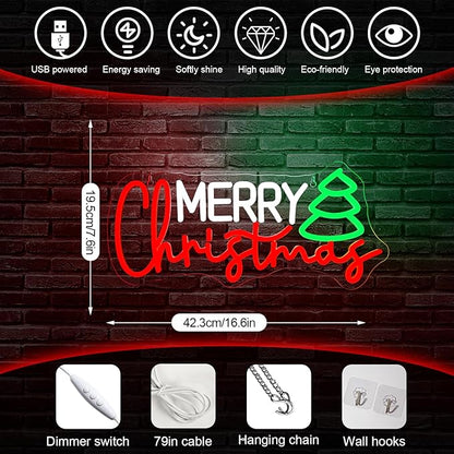 Horseneon Christmas Neon Led Sign, Merry Christmas Neon Signs for Wall Decor, Christmas Tree Neon Light Sign with USB Powered for Christmas Party, Windows, Home Decor, Bedroom, Living room, Bar
