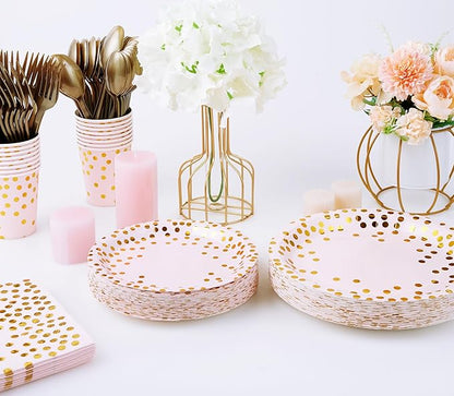 Pink and Gold Party Supplies - 350 PCS Disposable Dinnerware Set - Pink Paper Plates Napkins Cups, Gold Plastic Forks Knives Spoon for Graduation, Birthday, Thanksgiving, Cocktail Party