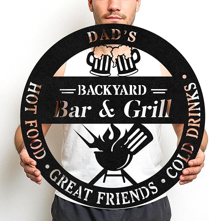 Custom Outdoor BBQ Retreat Metal Sign, Personalized Grill Name Cut Wall Art for Patio, Rustic Backyard Cooking Area Decor