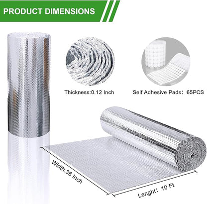 Bubble Reflective Window Insulation, 36" W x 10 Ft L, Silver Aluminum, Energy Saving, Temperature Protection, Soundproofing, Privacy